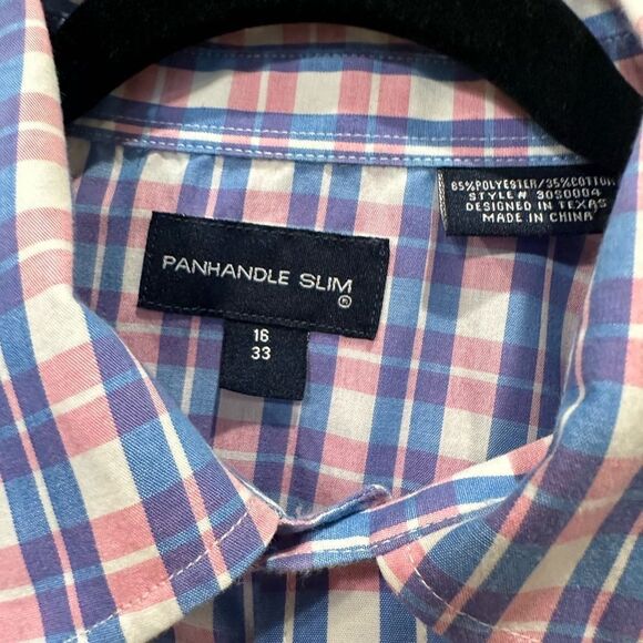 Panhandle Slim Pearl Snap Shirt  Men's 16/33 Western Plaid pink white and blue - Picture 4 of 10